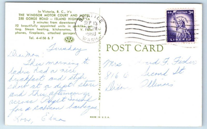 VICTORIA, B.C. Canada ~ Roadside WINDSOR MOTOR COURT MOTEL 1960  Postcard