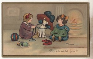 P3290 1913 postcard dog 2 young girls ball shoes etcmailed austria to london