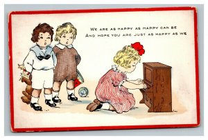 Vintage 1915 Comic Postcard - Cute Girl Plays Piano - Friends with Toys Watch