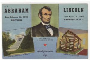 President Abraham Lincoln Multi View Hodgenville Kentucky linen postcard