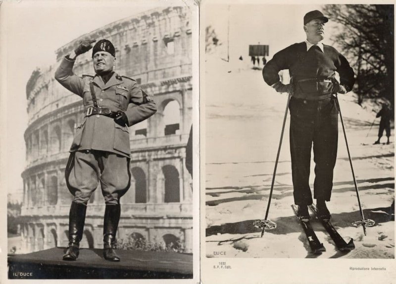 Mussolini Fascism Italy Skiing Portrait 2x WW2 RPC Postcard s