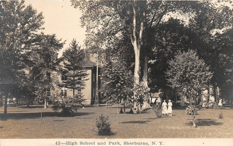 G45/ Sherburne New York RPPC Postcard c1910 High School and Park