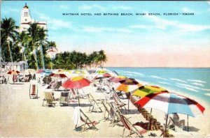 Miami Beach, FL Florida WHITMAN HOTEL & BATHING BEACH Umbrellas~Chairs Postcard