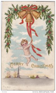 Merry Christmas, Cherub hanging from red ribbon, ringing bells, holly, Winter...