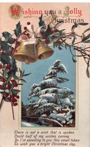 A055 Christmas greetings Pine tree Bells Mistletoe Poem ribbon postcard