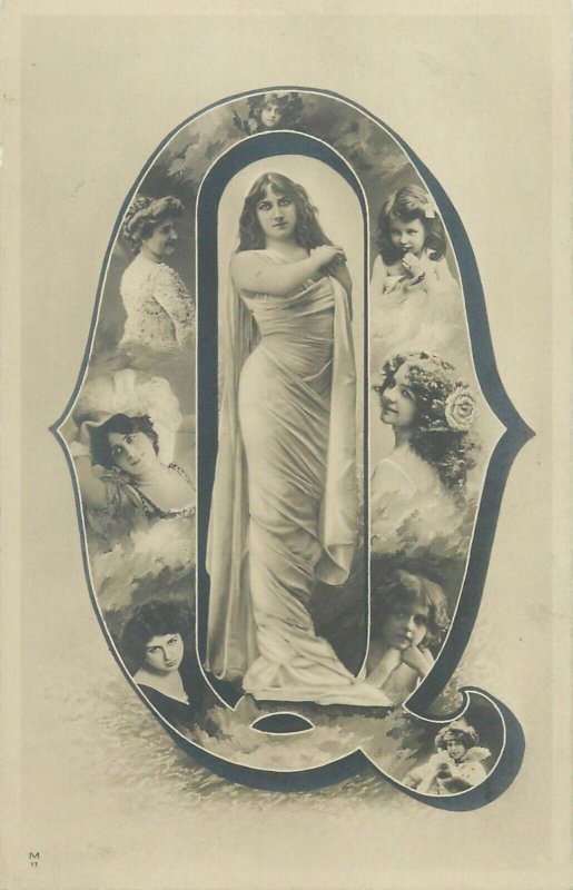 Set 2 postcards alphabet letters S&O fantasy ladies children photo montage 1905 