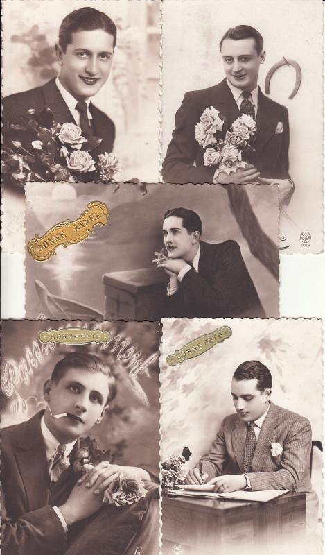 Handsome elegant young gentlemen with roses cigarette smoker postcards set