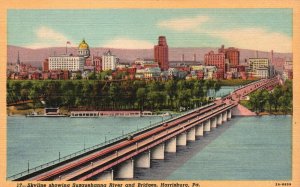 Skyline Showing Suaquehanna River  Bridges Harrisburg Pennsylvania PA Postcard