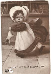 Little Girl with Doll in Sepia I Mustn't Miss That Bargain Sale Vintage Postcard