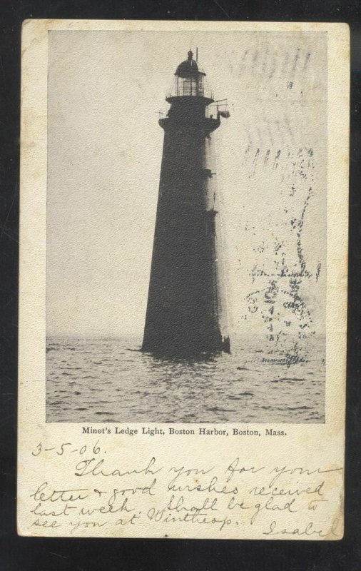 BOSTON MASSACHUSETTS MINOT'S LEDGE LIGHT LIGHTHOUSE VINTAGE POSTCARD 1906