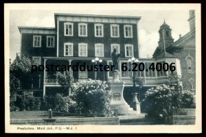 h1122 - MONT JOLI Quebec Postcard 1930s Presbytery by PECO. Statue of Jesus