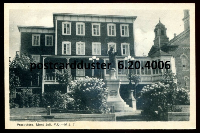 h1122 - MONT JOLI Quebec Postcard 1930s Presbytery by PECO. Statue of Jesus