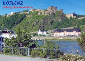 VINTAGE CONTINENTAL SIZE POSTCARD VIEW OF KOBLENZ HILLS FROM RIVER GERMANY