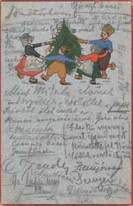 Lovely drawn Dutch children Christmas tree round dance greetings postcard c.1906