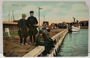 Netherlands Marken. Haven, Boys on Pier, Boat, Homes, Early Colored Postcard A7