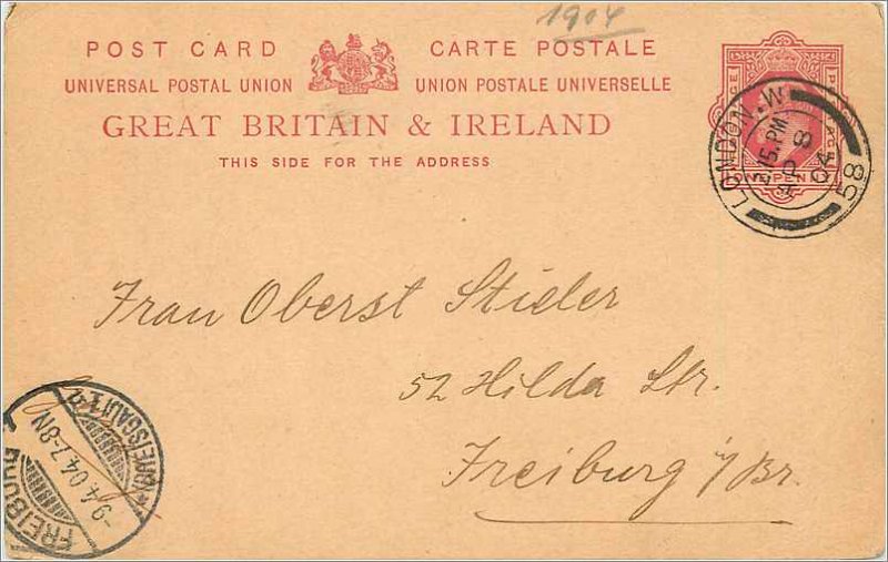 Entier Postal Stationery 1p London for Freiburg in 1904