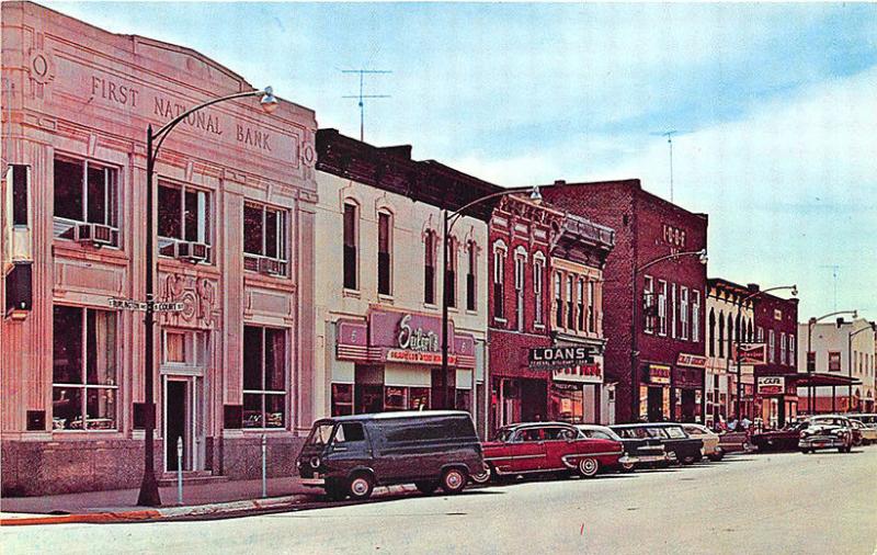 Fairfield IA Street View Store Fronts 1st National Bank Old Cars Postcard