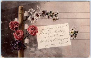 c1910s Lovely Flowers Telegraph Line Pole Birthday Poem Postcard Insulators A80