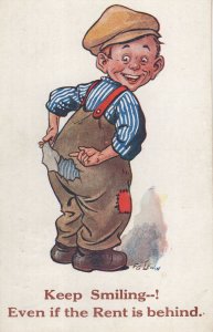 Keep Smiling Rent Is Behind Arrears Torn Trousers Comic Old Postcard