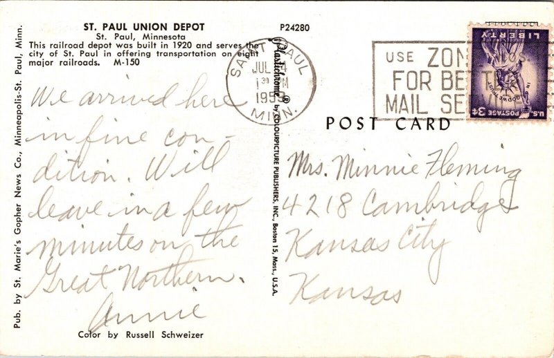 St Paul Union Depot Minnesota MN Postcard PM Saint Cancel WOB Note VTG Vintage 