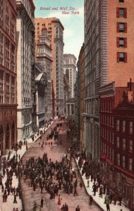 Vintage Postcard 1910's Broad And Wall Streets Financial Heart America New York