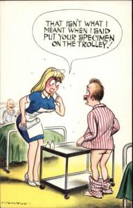 Sexy Blond Nurse Large Breasts Man Puts His 'Specimen' on Table Comic Postcard