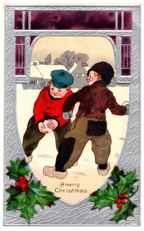 Christmas, Dutch boys throwing snowballs