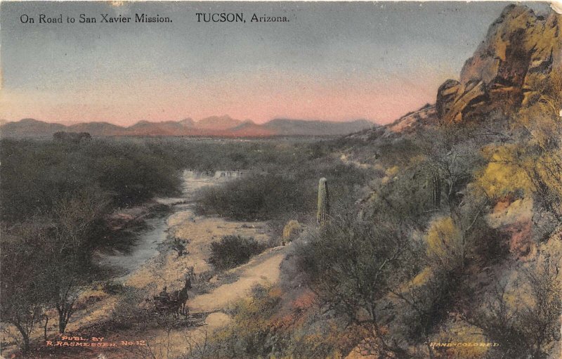 On The Road to San Xavier Mission Tucson Arizona 1911 handcolored postcard