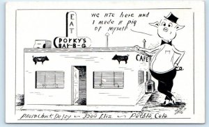 PUEBLO, CO Colorado ~ Roadside PORKY'S BAR-B-Q Restaurant c1950s  Postcard