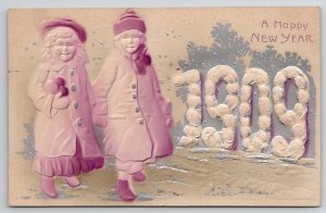 New Year Greetings 1909 Children Purple Airbrushed Silvertone Postcard U27