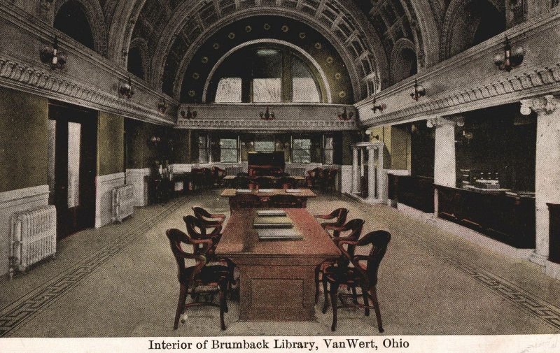 VINTAGE POSTCARD INTERIOR OF THE BRUMBACK LIBRARY AT VANWERT OHIO UNCOMMON TOWN