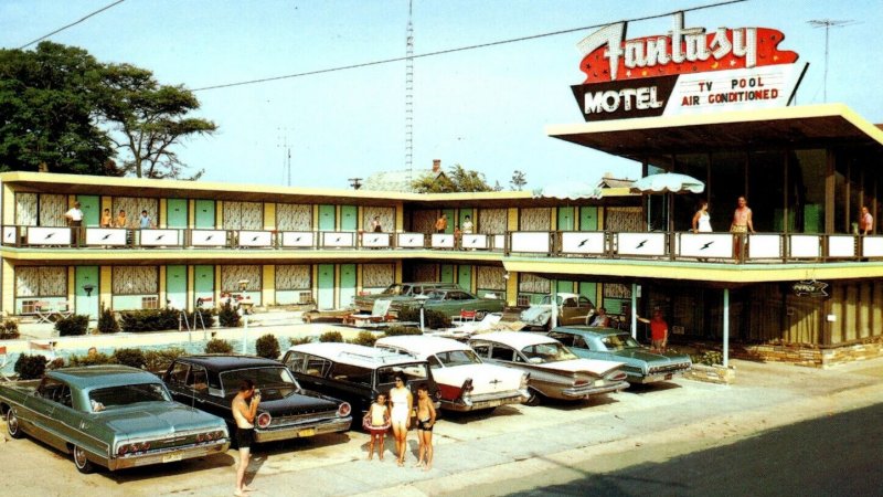 Fantasy Motel NJ Postcard Wildwood New Jersey Old Retro Sign Cars Swimming Pool 