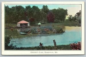 Kirksville Missouri~Owenby's Lake~Man on Island~Boat House~1916 Postcard 