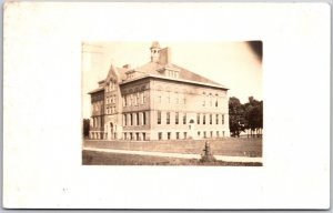 School Building Stone Fire Hydrant Chimney RPPC Real Photo Vintage Postcard