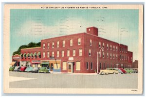 Harlan Iowa IA Postcard Hotel Saylor Building Exterior Roadside 1958 Cars Scene