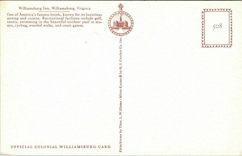 Williamsburg Inn Exterior Virginia VA VTG Postcard UNP Unused Vintage Mirro 