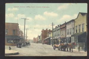 CHEHALIS WASHINGTON DOWNTOWN STREET SCENE HORSE & WAGON VINTAGE POSTCARD