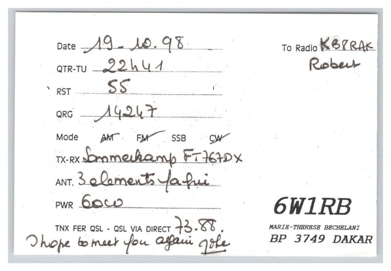 Postcard QSL CB Ham Radio Amateur Card From Senegal