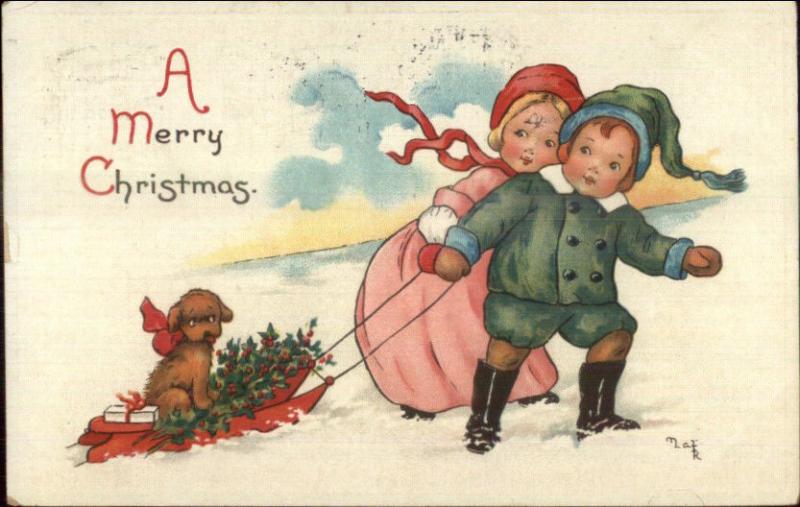 Christmas Cute Kids Pulling Puppy Dog on Sled c1910 Postcard