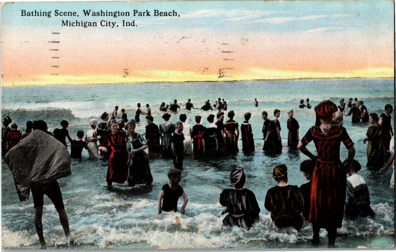 Bathing Scene, Wahington Park Beach, Michigan City IN c1914 Vintage Postcard V36