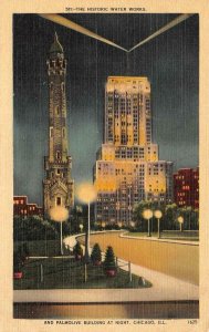 CHICAGO, Illinois IL   WATER WORKS~PALMOLIVE BUILDING~Night View c1940s Postcard