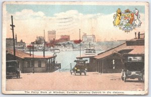 1921 Windsor Canada Ferry Dock Detroit Skyline Valentine & Sons Postcard