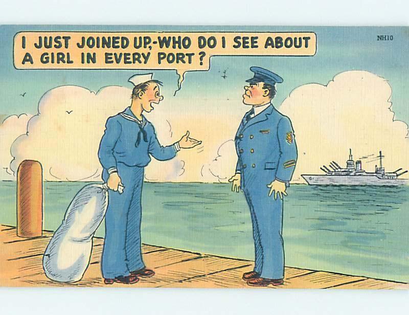 Linen military comic USA NAVY SAILOR WANTS TO SEE A GIRL IN EVERY PORT HL3381