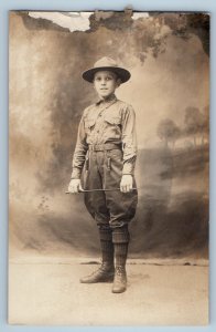 c1910's Boy Scout Soldier Military Uniform Studio RPPC Photo Antique Postcard