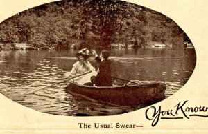 c.1910 Lovely Vintage Postcard Couple Romance Floral Hat Boat Pond 'usual swear'