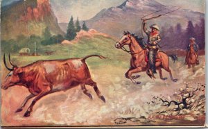 Cowboy Chasing Cattle with Lasso Lariat a/s RA Davenport PM 1911 Postcard