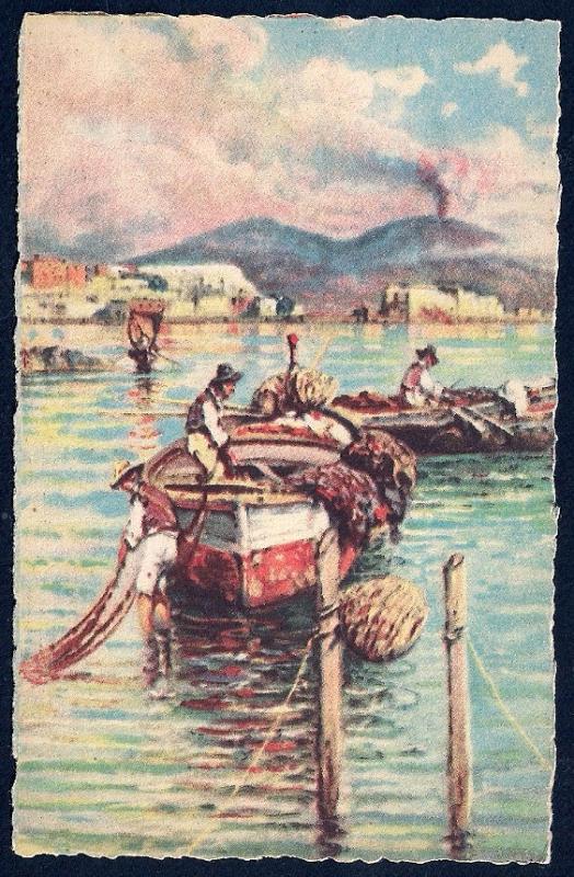 Vesuvius with Boats Naples by Carelli unused c1940's