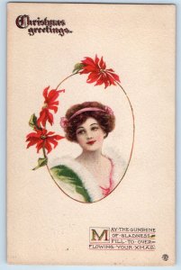 1916 Christmas Greetings Pretty Woman Poinsettia Flowers Antique Postcard