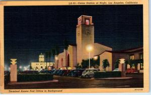 LOS ANGELES, CA   UNION STATION at Night, Terminal Annex Post Office   Postcard