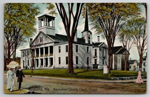 Augusta ME People Strolling Outside Kennebec County Court House Postcard A39